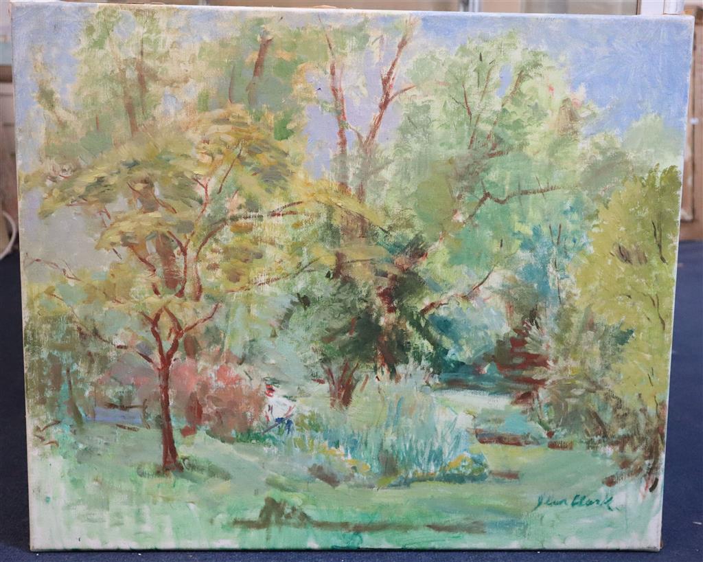 Jean Clark (1902-), oil on canvas, Figure amongst trees, signed, 50 x 60cm, unframed